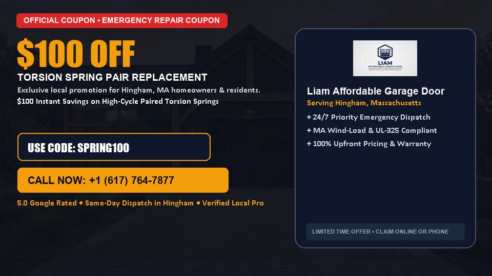 $100 OFF Dual High-Cycle Torsion Spring Replacement in Hingham, MA - Liam Affordable Garage Door